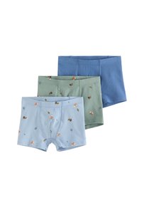 Tre par af bomulds-boxershorts i blå, grøn og lyseblå. Hver med et blomstermønster med blade og små blomster.