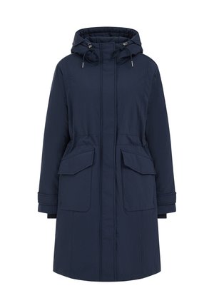 Marineblauwe parka jack van textuurstof, met een capuchon, twee grote voorzakken en verstelbare koorden bij de hals en manchetten.