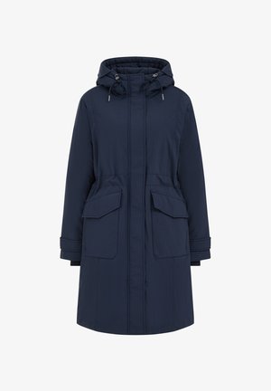 Parka en azul marino hecha de tejido texturizado, con capucha, dos grandes bolsillos delanteros y tiras ajustables en el cuello y en los puños.