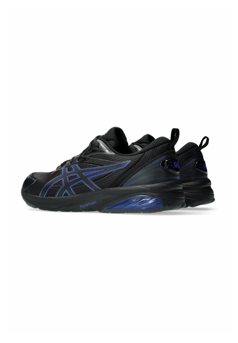 Schwarze Sportschuhe mit blauen Akzenten, Obermaterial aus Mesh, strukturiertem Stoff, FlyteFoam-Dämpfung und einzigartigem Design der hinteren Ferse.