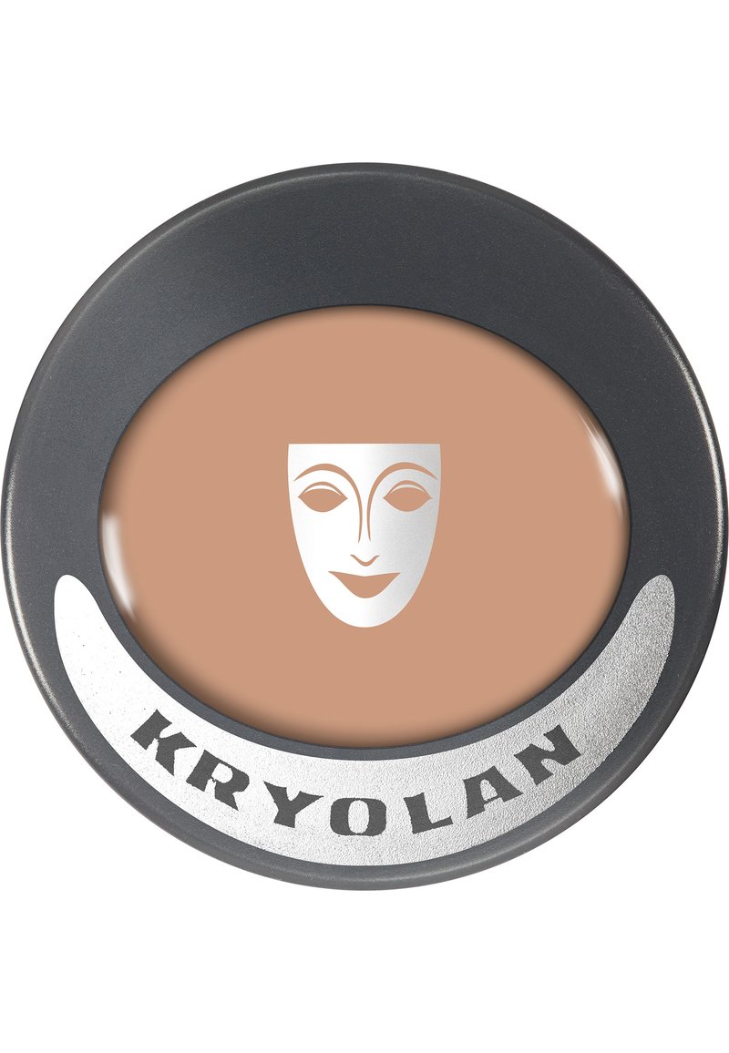 Kryolan cream foundation in a round container. Smooth, light brown formula with a silver mask logo and black text on a gray base.
