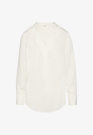 Balta ilgomis rankovėmis bluzonė su V formos iškirpte, pagaminta iš lygaus audinio. Yra kreivė hem ir mygtukų detalė šalia iškirptės. Paprastas dizainas.