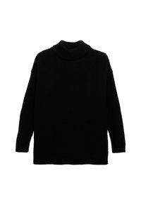 Zwarte gebreide trui met een hoge col, lange mouwen en een ontspannen fit. De textuur lijkt chunky en comfortabel, geschikt voor koudere weersomstandigheden.