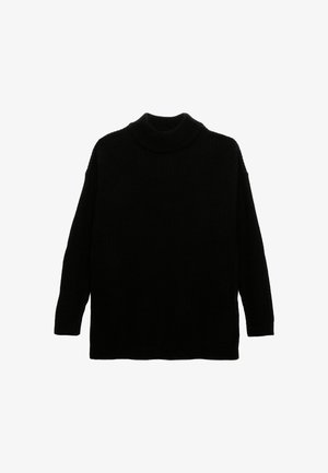 Musta neulepusero, jossa on korkea pörrökaulus, pitkät hihat ja rento istuvuus. Tekstuuri näyttää paksulta ja mukavalta, sopii kylmille keleille.