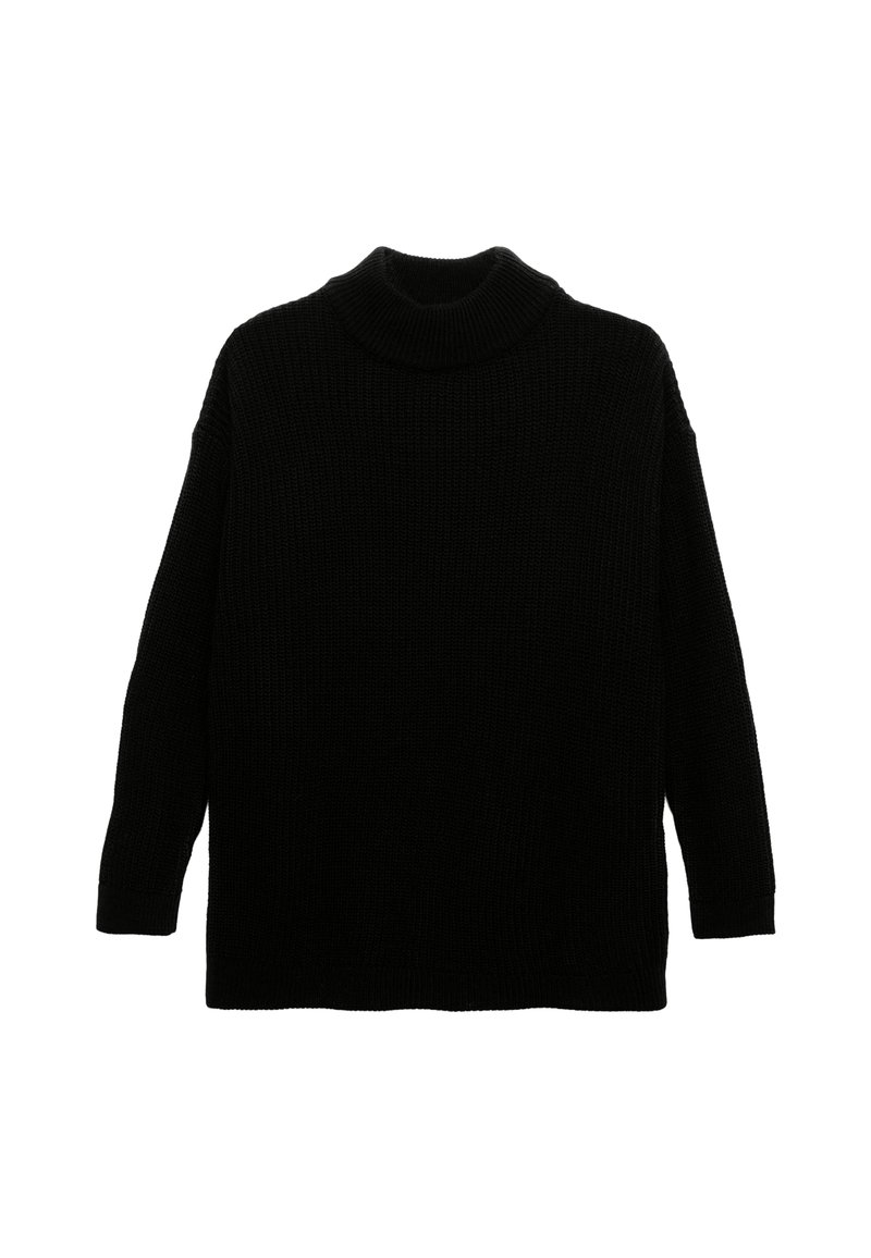 Zwarte gebreide trui met een hoge col, lange mouwen en een ontspannen fit. De textuur lijkt chunky en comfortabel, geschikt voor koudere weersomstandigheden.