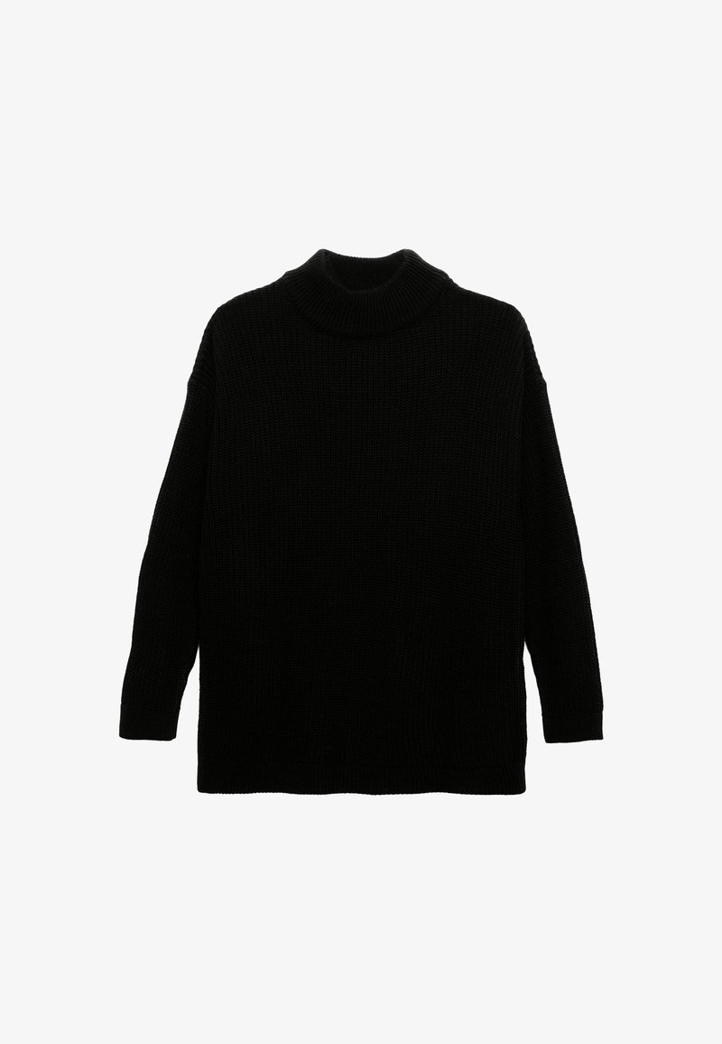 Zwarte gebreide trui met een hoge col, lange mouwen en een ontspannen fit. De textuur lijkt chunky en comfortabel, geschikt voor koudere weersomstandigheden.