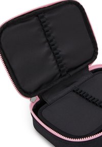 Black zippered case with pink accents, featuring a soft fabric interior and elastic strap holders for organization.