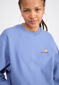 Ljusblå sweatshirt med rundad hals, med en liten broderad logotyp i gult och vinrött. Materialet verkar mjukt med en slät textur.