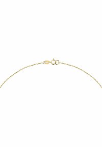 Halskette aus goldfarbenem Metall mit kleinen, miteinander verbundenen ovalen Formen, einem Karabinerverschluss und einer glatten, glänzenden Oberfläche.