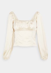 Cremfarbener Satin-Top mit quadratischem Ausschnitt, gerafften Details an der Brust und langen Puffärmeln mit elastischen Bündchen. Glatte Textur und taillierte Silhouette.