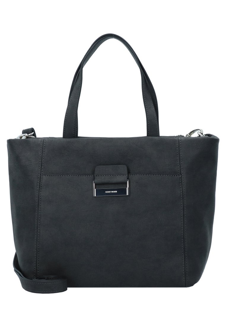 Schwarze Handtasche aus Kunstleder mit zwei kurzen Tragegriffen und abnehmbarem Schultergurt; mit einem Metallverschluss und strukturiertem Design.