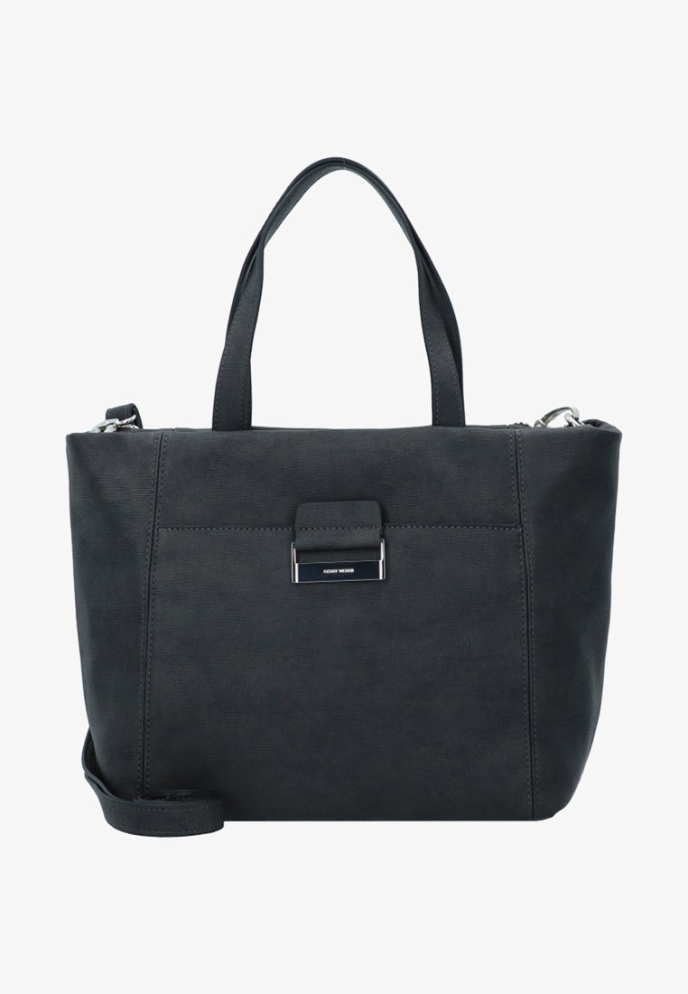 Sac à main en simili cuir noir avec deux poignées courtes et une bandoulière amovible ; présente un fermoir en métal et un design structuré.