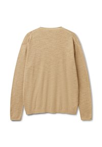 Beige gestrickter Pullover mit lockerer Passform, gerippten Bündchen und Saum, der eine strukturierte Oberfläche und einen runden Ausschnitt aufweist. Rückansicht dargestellt.