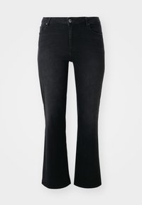 Svarta utsvängda jeans i denim med medelhög midja, fram- och bakfickor samt knäppning med en enda knapp fram.