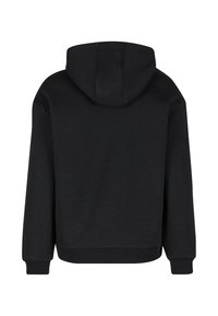 Svart hoodie med dragsko i huvan, långa ärmar, ribbade mudd och fåll, tillverkad av mjukt material, med en slät yta och utan synlig branding.