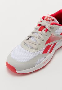 Šedé a biele tenisky s červenými akcentmi, sieťovaným zvrškom, gumovou podrážkou a klasickým šnurovacím systémom. Obsahujú branding Reebok a textúrované prekrytia.