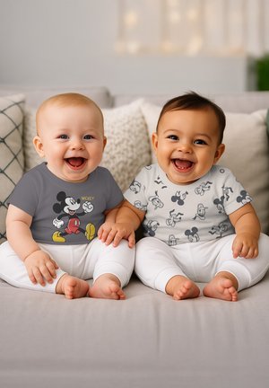 Two smiling babies sit side by side on a couch, holding hands, wearing Mickey Mouse-themed shirts and white pants.