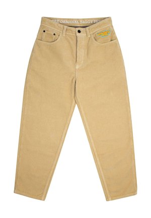 Khaki korduroy nohavice so voľným strihom, s dvoma prednými vreckami, zapínaním na gombík a dekoračným logom na páse.
