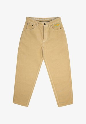 Kaki kordfløyelsbukser med baggy passform, som har to frontlommer, knappelukking og en dekorativ logo på midjebandet.