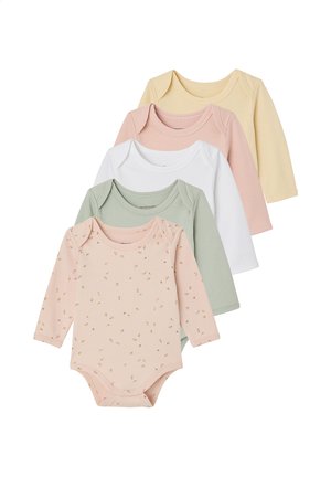 Five long-sleeve baby bodysuits in pastel yellow, pink, white, green, and pink with small floral print, arranged in a layered row.