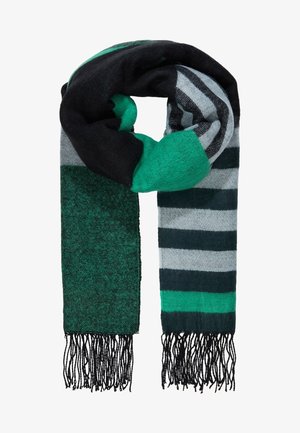 Longue écharpe tricotée avec des blocs de couleur noir, vert, gris et blanc, finie avec des franges noires.