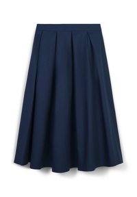 Gonna A-line blu navy realizzata in tessuto liscio, caratterizzata da pieghe verticali, una vita aderente e un orlo fluido che arriva sotto il ginocchio.