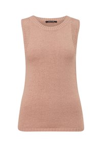 Różowy top bez rękawów, wykonany na szydełku, z prążkowanym okrągłym dekoltem, gładką fakturą oraz szczegółowymi wzorami na ramionach i bokach.