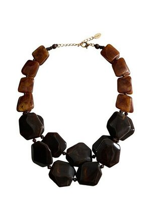 Collana massiccia con grandi perle lucide irregolari marroni e nere, chiusura con catena e moschettone dorato.