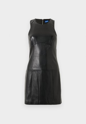 Juoda odinė mini suknelė be rankovių, apvaliu iškirpimu ir matomu užtrauktuku nugaros pusėje, prigludusi prie kūno su siuvinėjimo detalėmis.