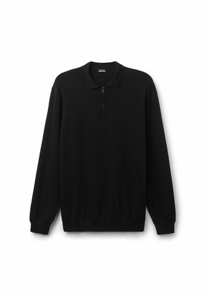 Schwarzer Pullover mit langen Ärmeln, Polokragen und einem kurzen Reißverschluss vorne. Hat eine glatte Textur sowie elastische Bündchen und Saum.