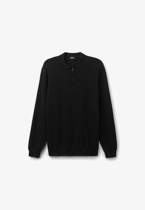 Schwarzer Pullover mit langen Ärmeln, Polokragen und einem kurzen Reißverschluss vorne. Hat eine glatte Textur sowie elastische Bündchen und Saum.