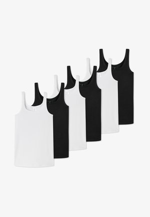 Set di sei canotte: tre nere e tre bianche. Materiale in cotone, design senza maniche, scollatura rotonda e vestibilità standard.