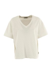 Kortærmet, cremefarvet V-hals t-shirt med en glat tekstur, der har små, jævnt fordelte prikker i en mørkere farve og sideslidser i kanten.