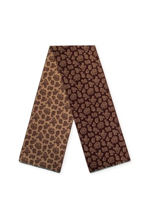 Brown and beige paisley scarf featuring intricate patterns, soft texture, and frayed edges. Designed for versatile styling.