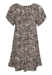 Luźna sukienka z krótkim rękawem w czarno-beżowe geometryczne wzory plemienne, z okrągłym dekoltem.