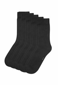 Sześć par czarnych skarpetek typu crew wykonanych z miękkiego, gładkiego materiału. Każda skarpetka ma prążkowany mankiet oraz subtelne wzmocnienia na pięcie.