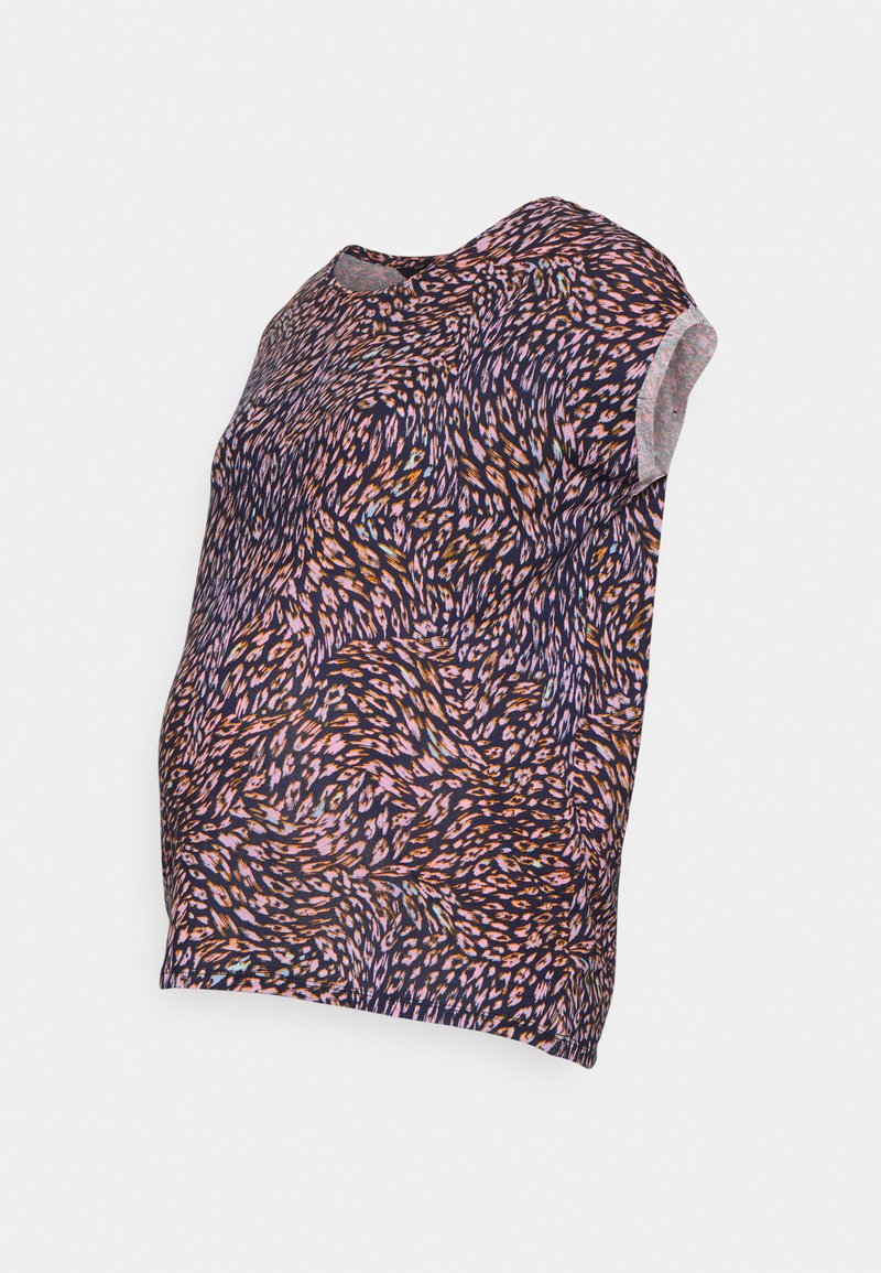 Blusa de maternidade, mangas curtas, azul-marinho com padrão abstracto em rosa e laranja, tecido suave, corte descontraído projetado para proporcionar conforto durante a gravidez.