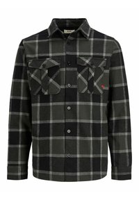 Camicia a quadri nera e verde in flanella, con due tasche sul petto, chiusura con bottoni e maniche lunghe. Tessuto con trama e motivi contrastanti.