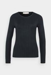 Marineblå langermet genser laget av ribbestrikket stoff, med en rund halsringning med scalloped kant og en figursydd silhuett.