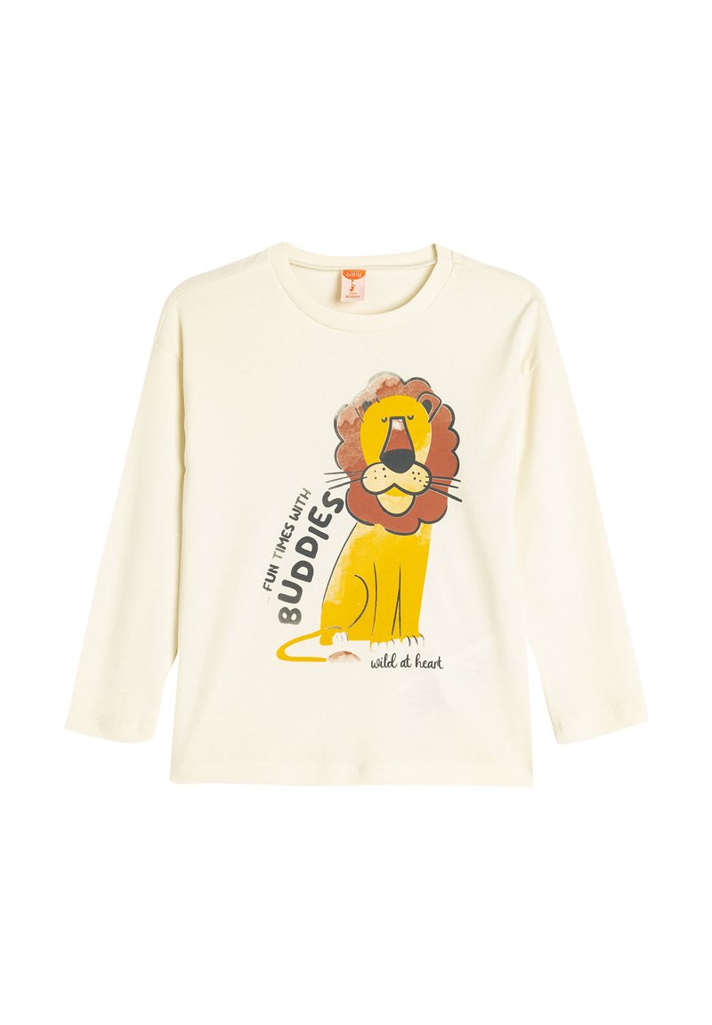 Cremefarbenes Langarm-T-Shirt mit einem Cartoon-Löwen-Design, braunem Mähnen und dem Text "SPASSIGER TAG MIT FREUNDEN" in Schwarz und Gelb.