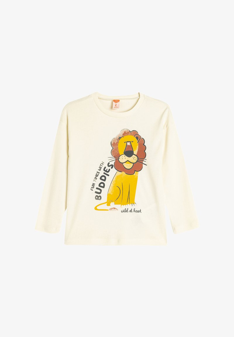Cream-colored long-sleeve t-shirt featuring a cartoon lion graphic with brown mane and text "FUN TIMES WITH BUDDIES" in black and yellow.