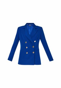 Niebieska dwurzędowa marynarka z złotymi guzikami, długimi rękawami, klapami z wycięciem i bocznymi kieszeniami. Gładka tkanina o dopasowanym fasonie.