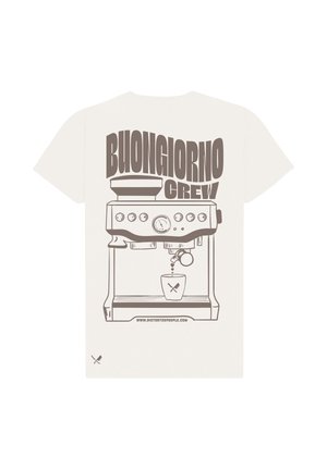 T-shirt avec graphique de machine à expresso, café versé dans une tasse, et texte "BUONGIORNO CREW" au-dessus de la machine.