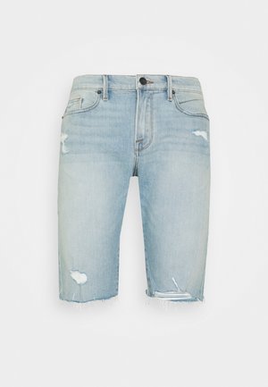 Light blue denim shorts with distressed accents, frayed hem, and a classic five-pocket design. Simple, straight-cut shape.