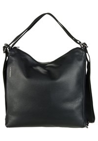 Borsa a spalla in pelle nera con superficie testurizzata, design morbido, tracolla regolabile e sottili accenti in metallo. Due opzioni di trasporto.