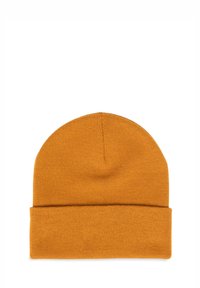Dziana czapka beanie w kolorze złoto-pomarańczowym, z podwiniętym brzegiem. Gładka faktura i okrągły kształt z czubkiem, bez widocznych wzorów czy elementów hardware.