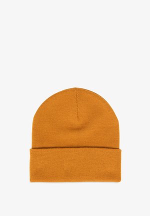 Strickmütze in gold-orange mit umgeschlagenem Saum. Glatte Textur und runde Form ohne sichtbare Muster oder Hardwaredetails.