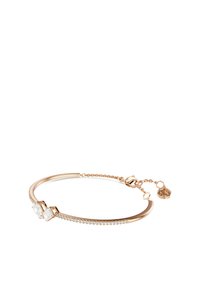 Roze gouden armband met een gladde afwerking, voorzien van twee heldere stenen en een rij kleine sprankelende accenten. Verstelbare kettingsluiting.