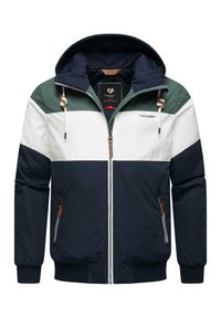Farbblockierte Jacke mit marineblauen, weißen und grünen Abschnitten. Hergestellt aus einem glatten Stoff, mit Reißverschluss und Kordelzugkapuze.