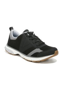 Black athletic shoes with a breathable mesh lining, textured suede upper, grey accents, and a white rubber sole with a gum outsole.